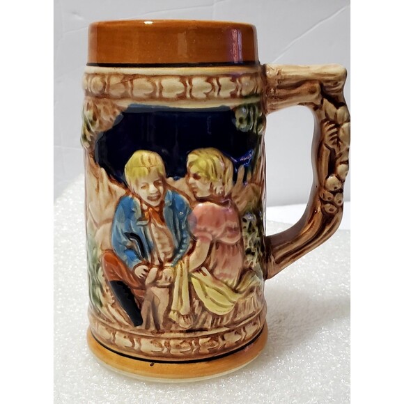 Vintage Japan Beer Stein 5.5" Ceramic Raised Scene German Script Rustic Collecti - Picture 1 of 10